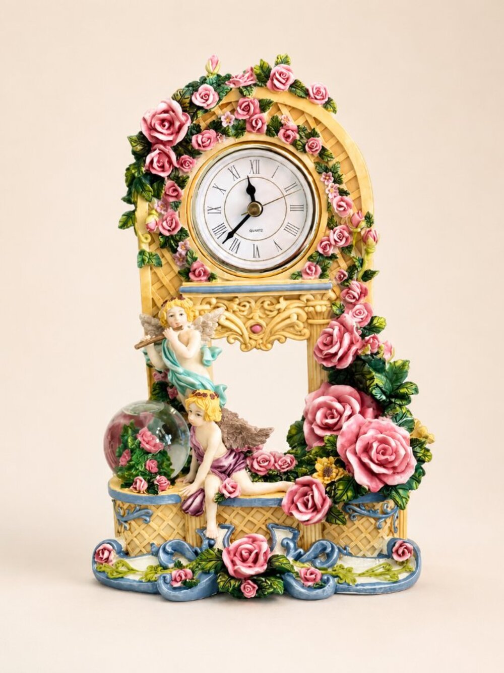 Ornate Cherub Rose Mantel Clock Swinging Pendulum Floral Globe Vintage